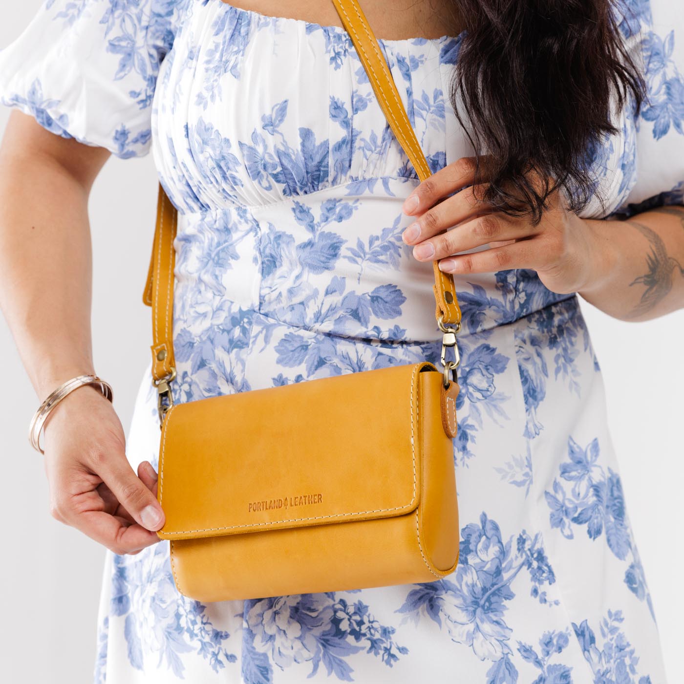 Sunflower*Mini | Model Wearing Small Leather Crossbody Bag with Magnetic Messenger Bag Closure