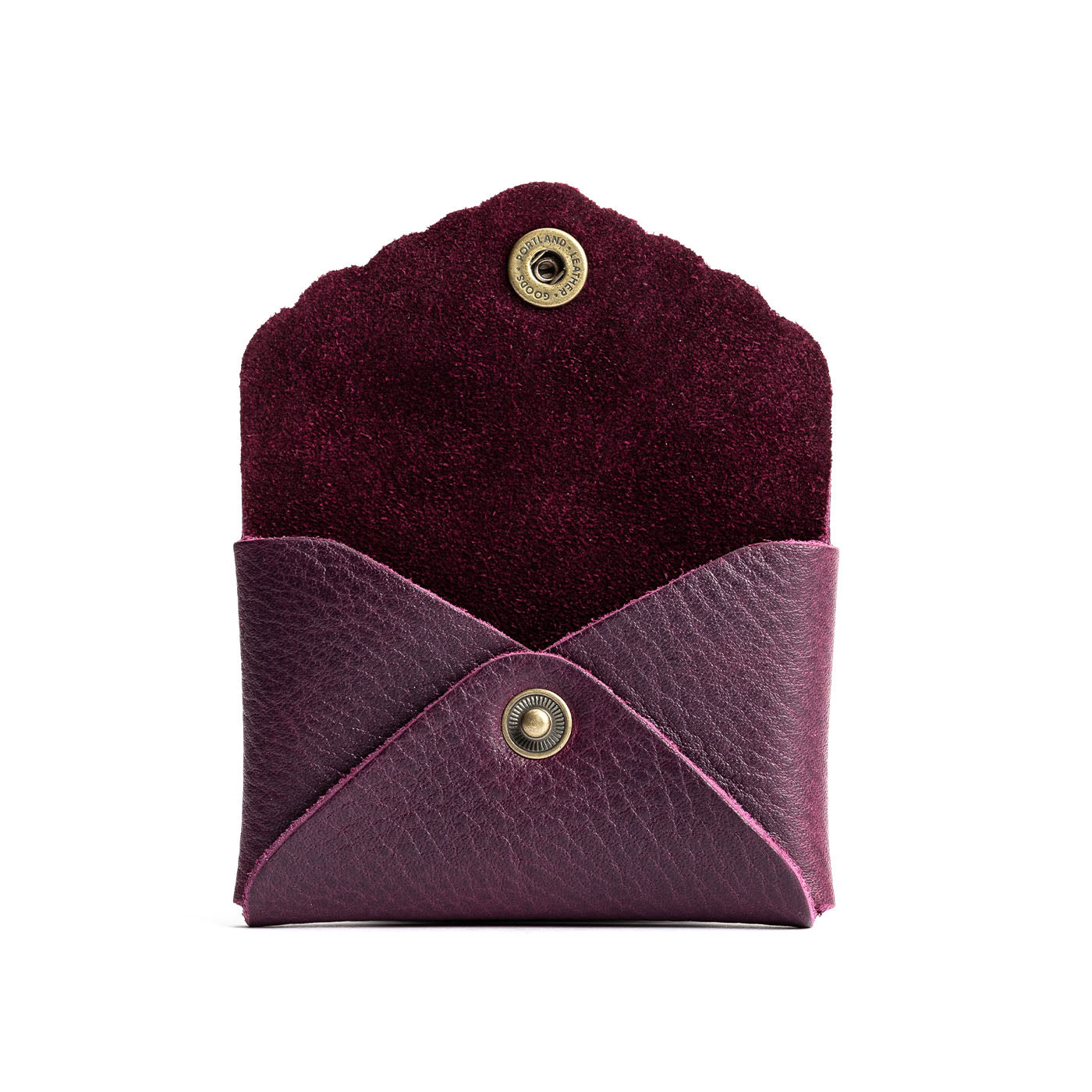 Plum | Small leather wallet with scalloped edge open