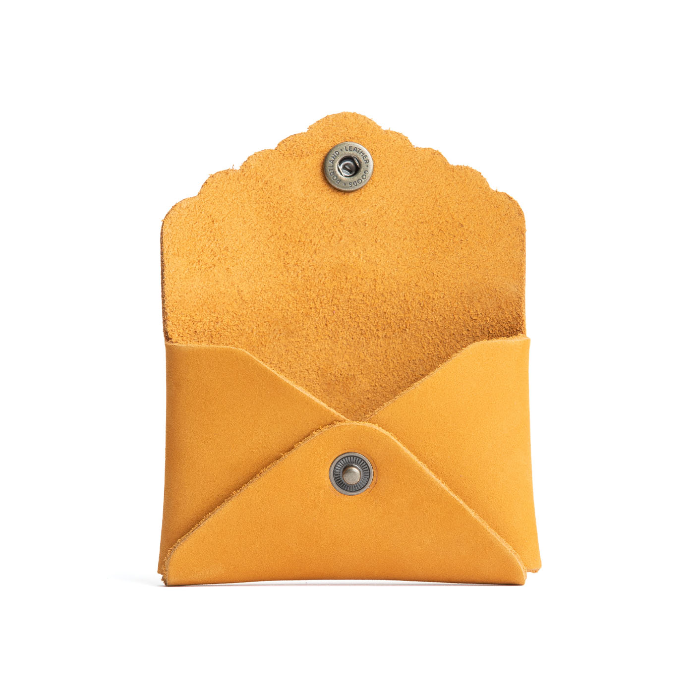 Turmeric | Small leather wallet with scalloped edge open