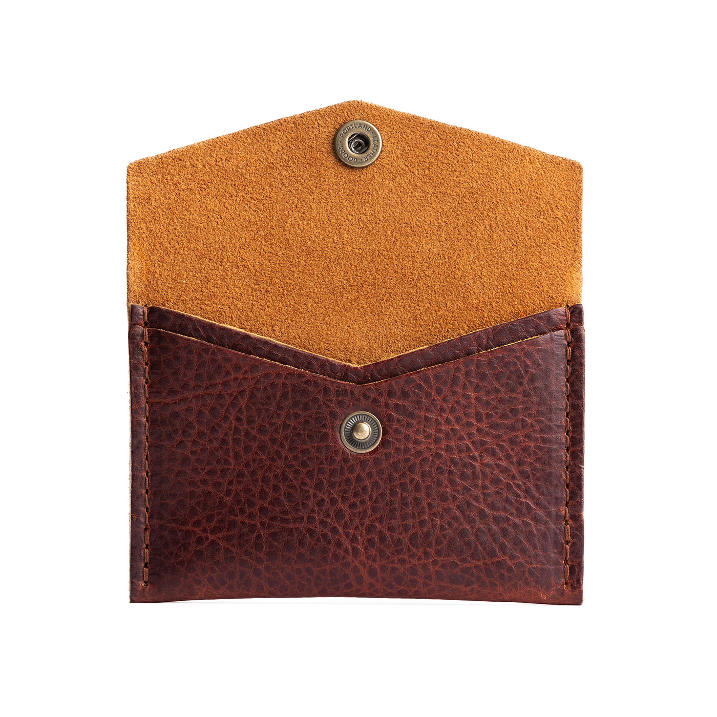 Cinnamon Bear | Small leather card wallet with snap closure open