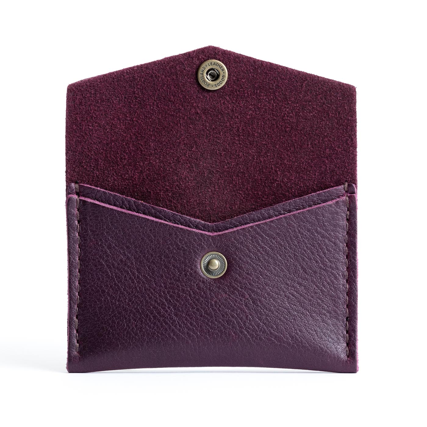 Plum | Small leather card wallet with snap closure open