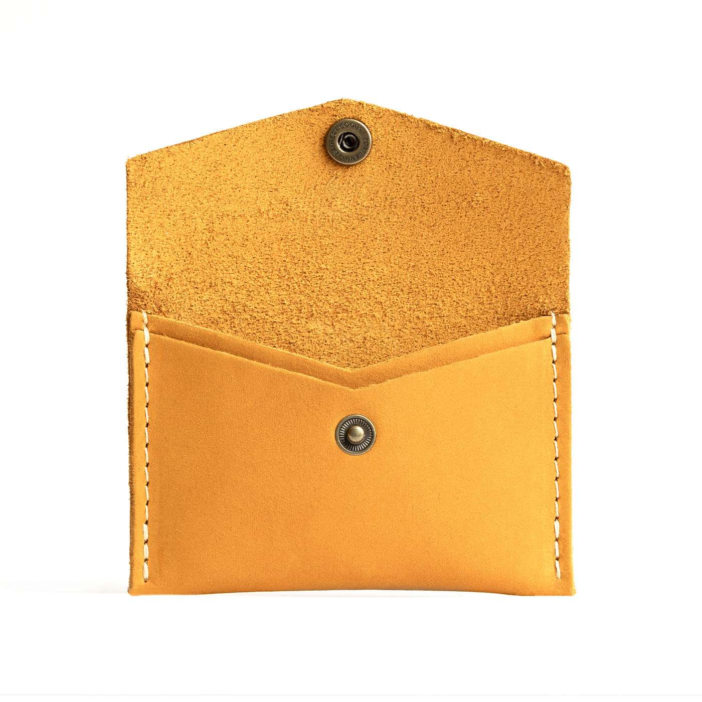 Turmeric | Small leather card wallet with snap closure open