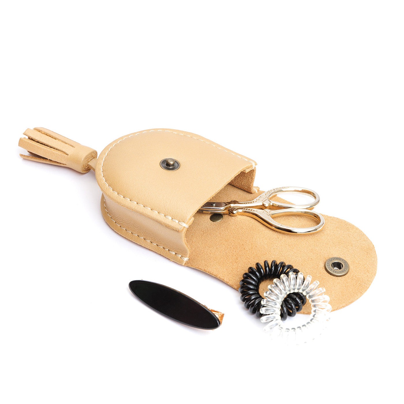 Champagne | U shaped pouch with snap closure, lobster clasp and fringed tassel