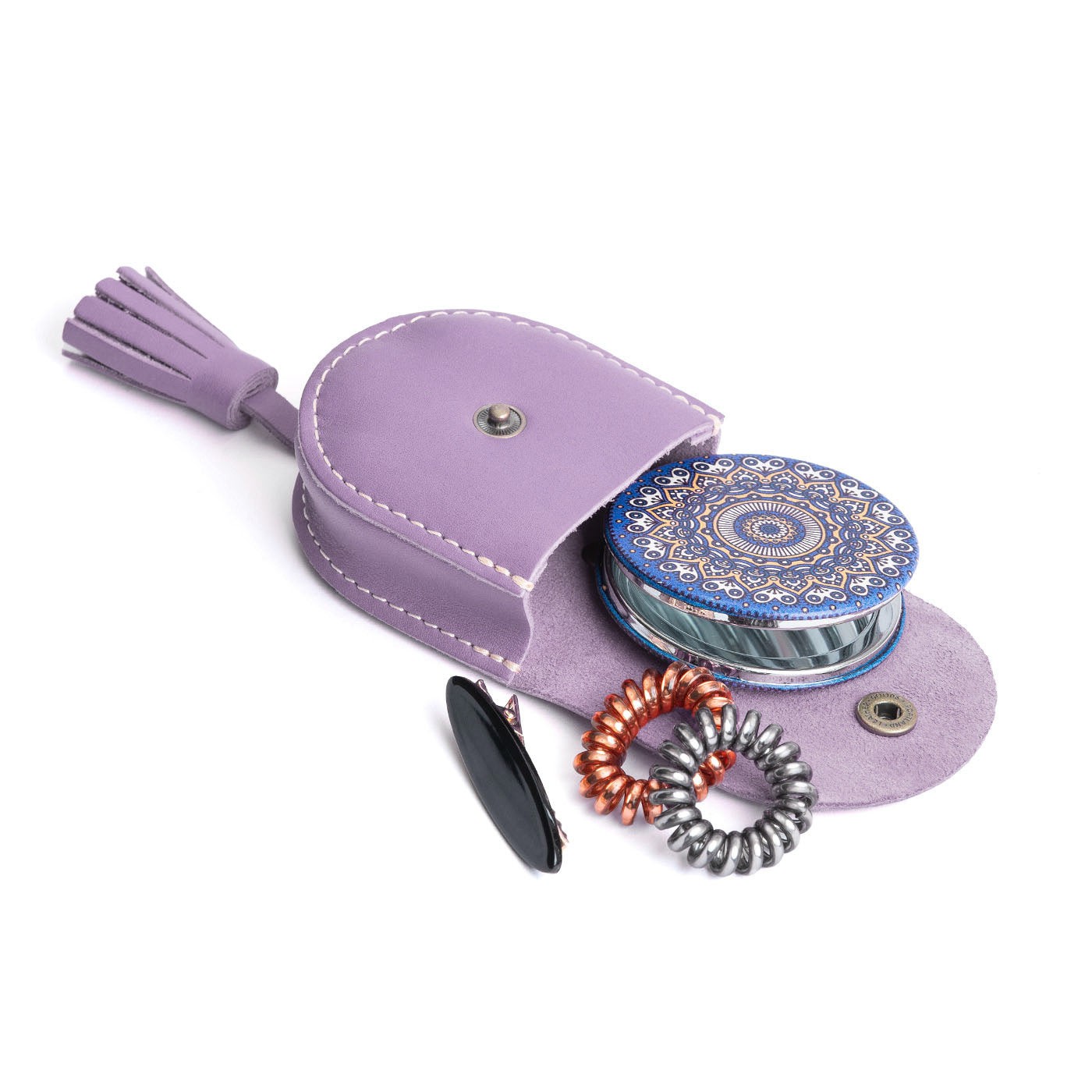 All Color: Lavender | U shaped pouch with snap closure, lobster clasp and fringed tassel