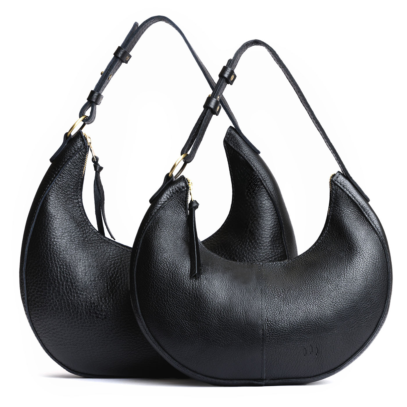 Pebbled--black | Crescent shaped shoulder bag with zipper closure and adjustable strap