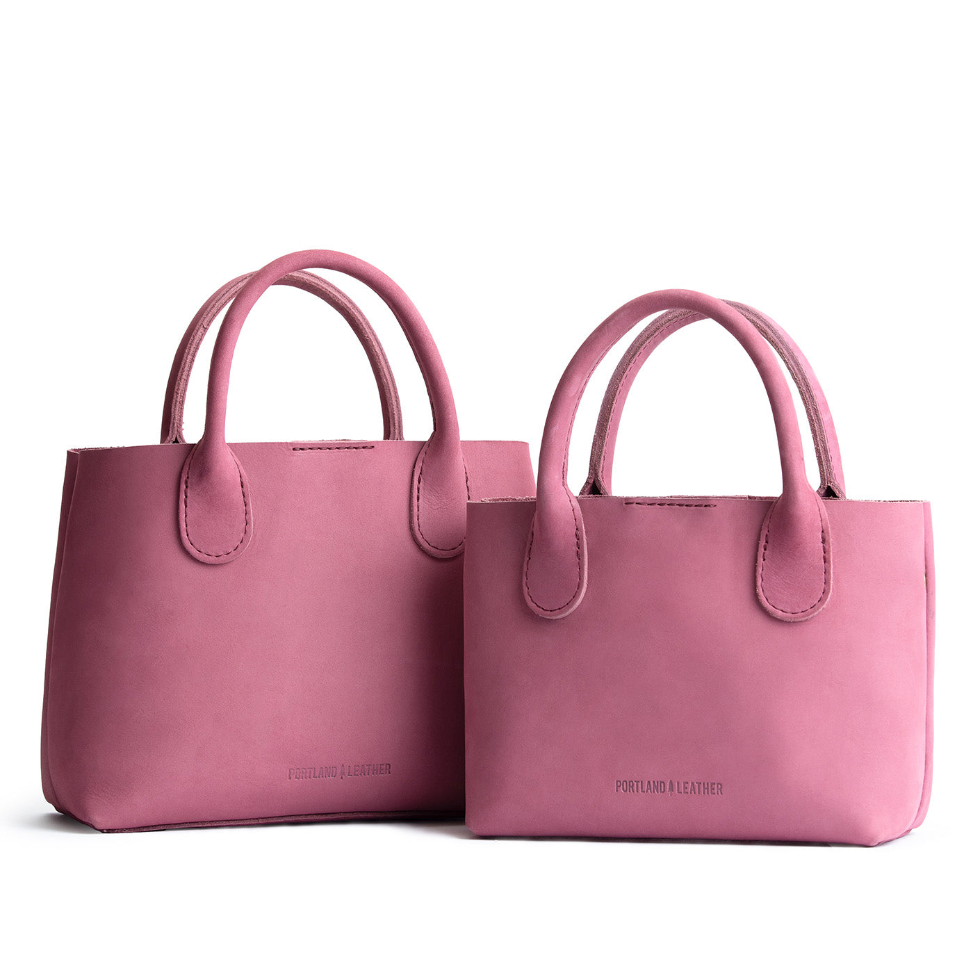 Foxglove | Side by side of both tote purses with structured leather handles and crossbody strap