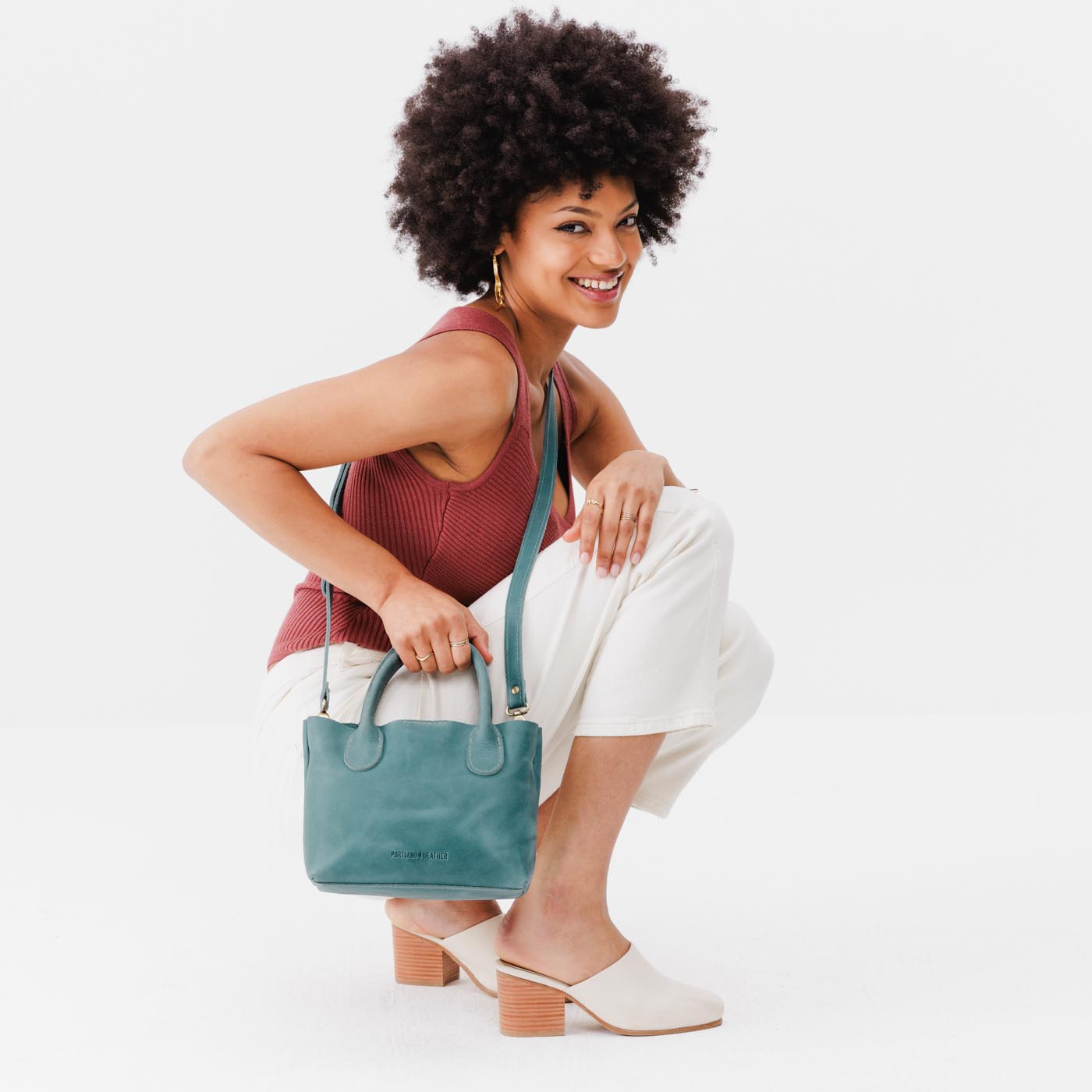 Aqua Small | Petite tote purse with structured leather handles and crossbody strap