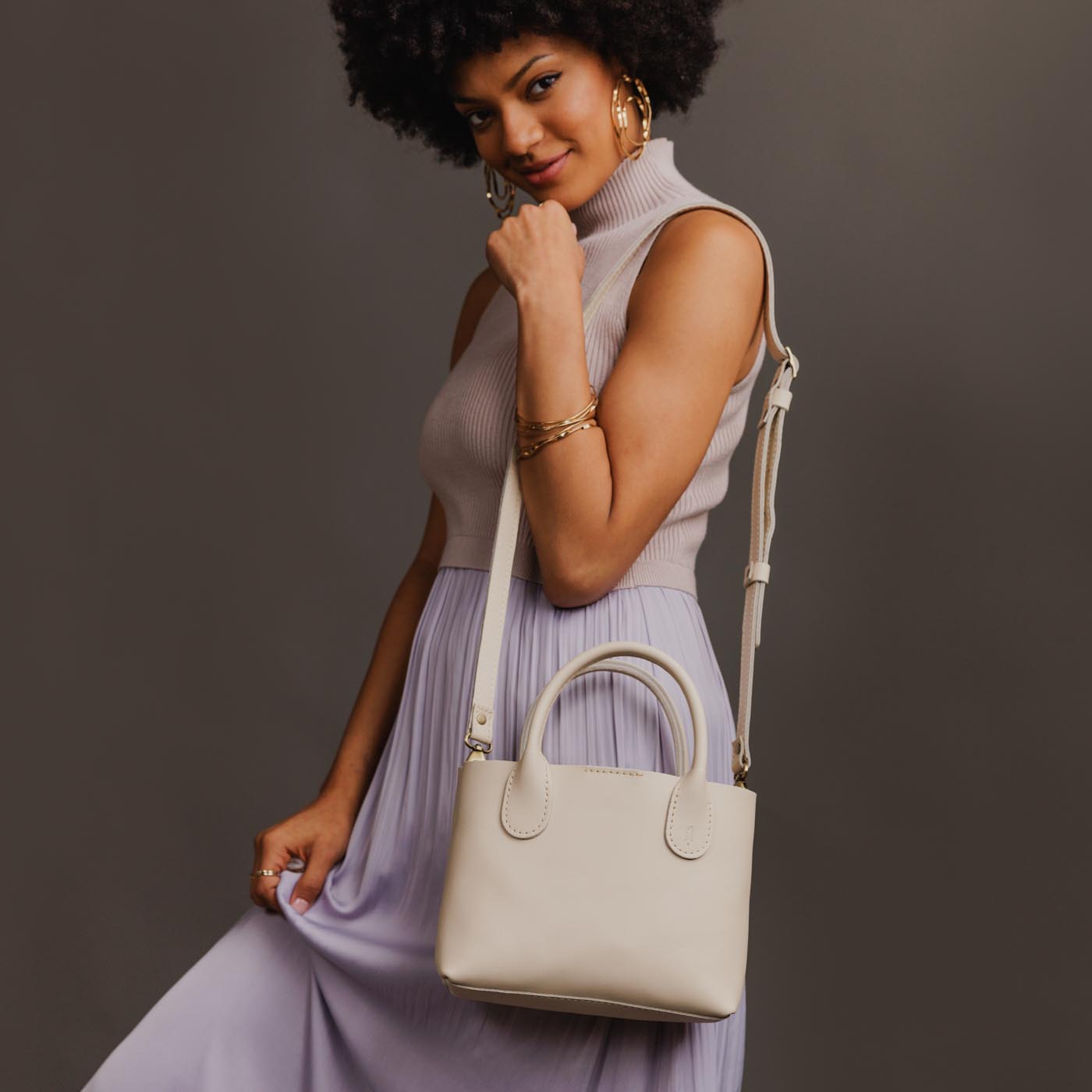 Bone*Small | Petite tote purse with structured leather handles and crossbody strap