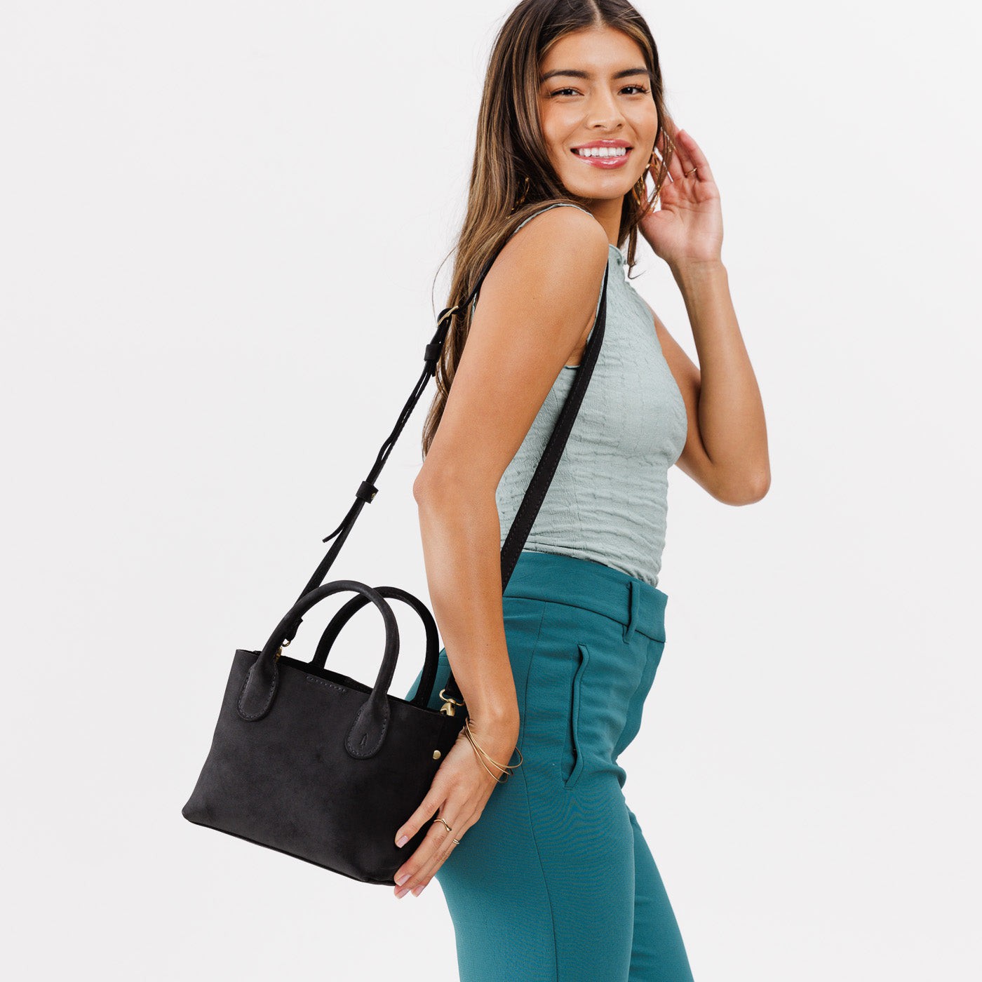 Shadow Black Small | Petite tote purse with structured leather handles and crossbody strap