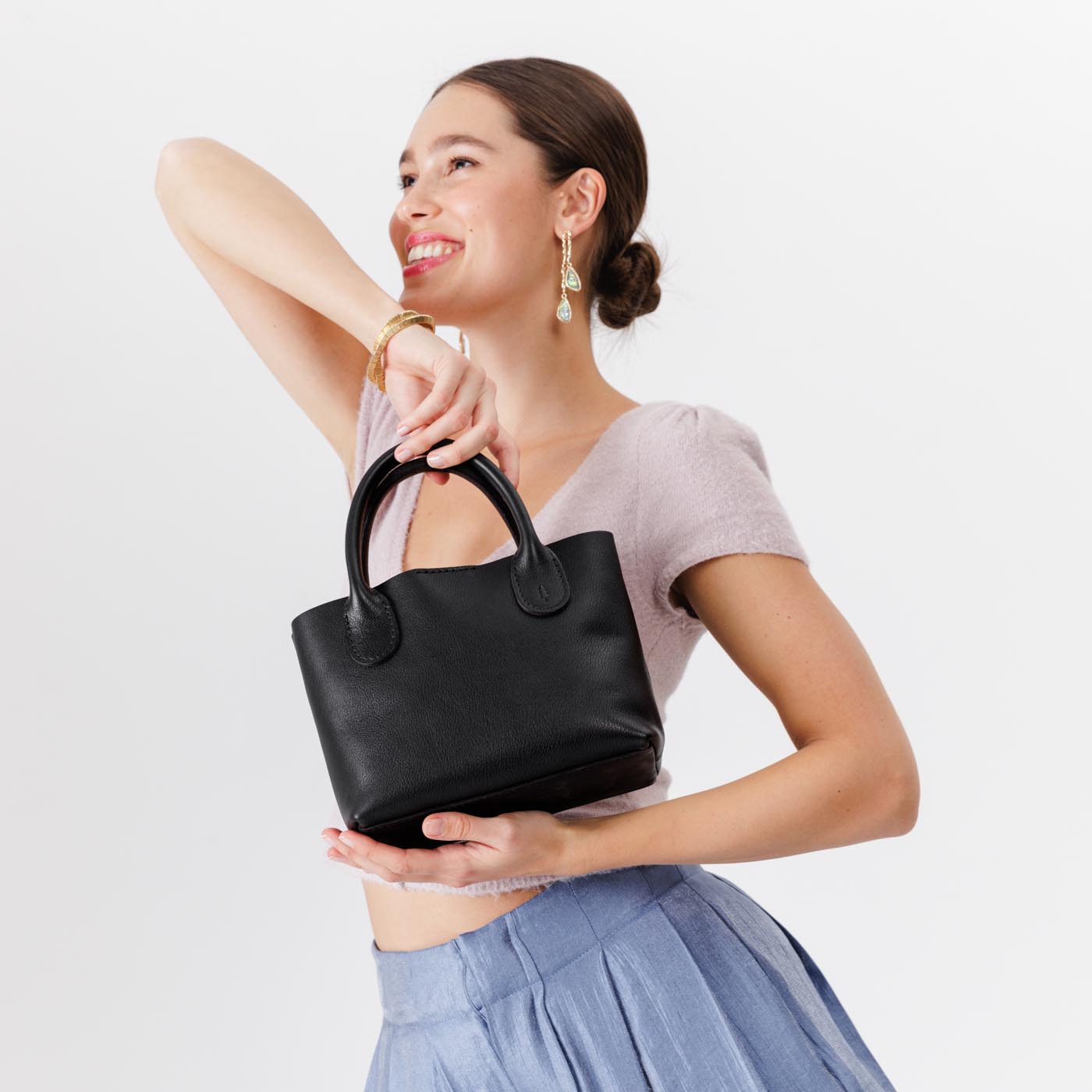 Pebbled--black Small | Petite tote purse with structured leather handles and crossbody strap