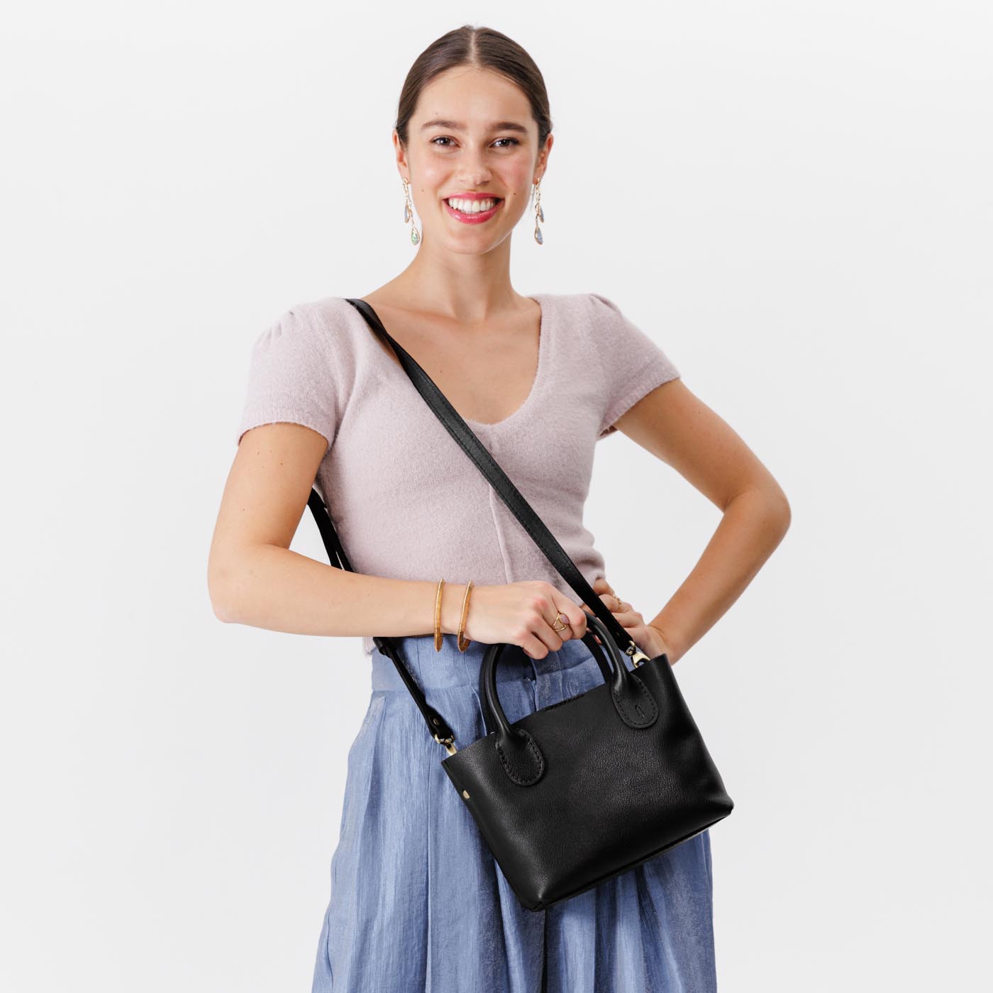 Pebbled--black Small | Petite tote purse with structured leather handles and crossbody strap