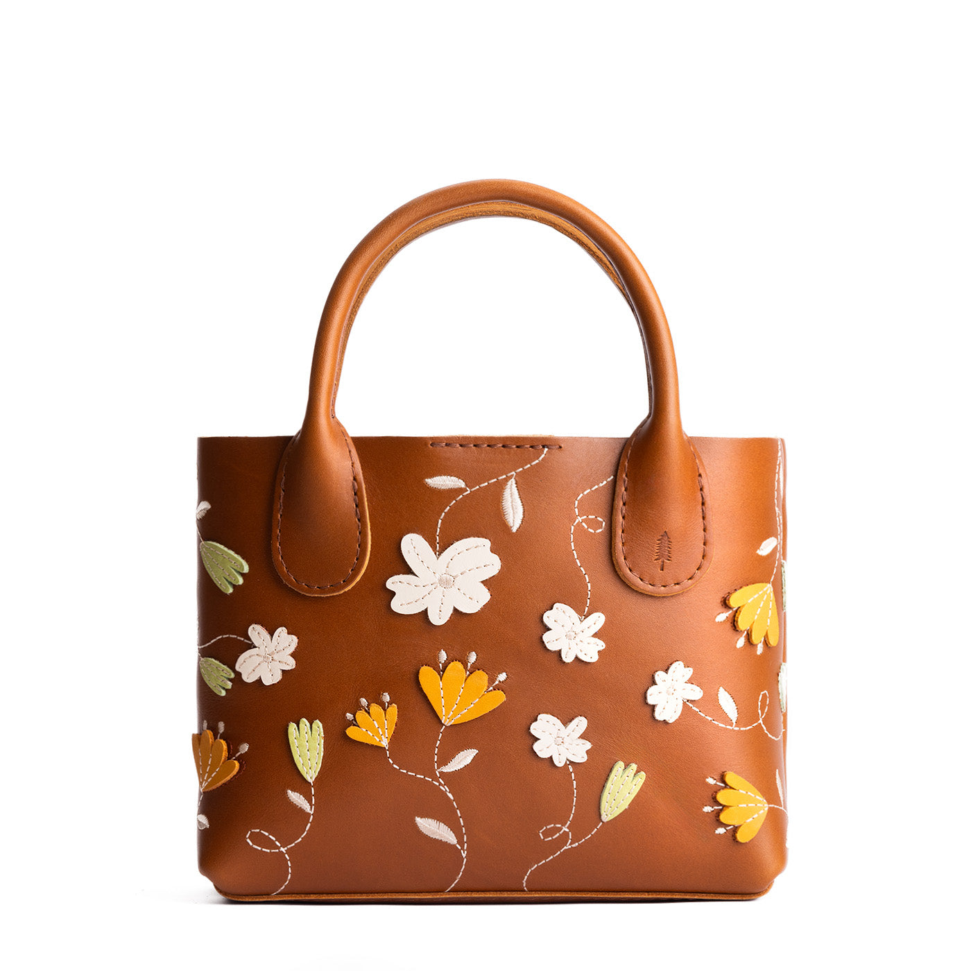 Folklore Honey*Small | Petite tote purse with embroidered flower design, structured leather handles, and crossbody strap