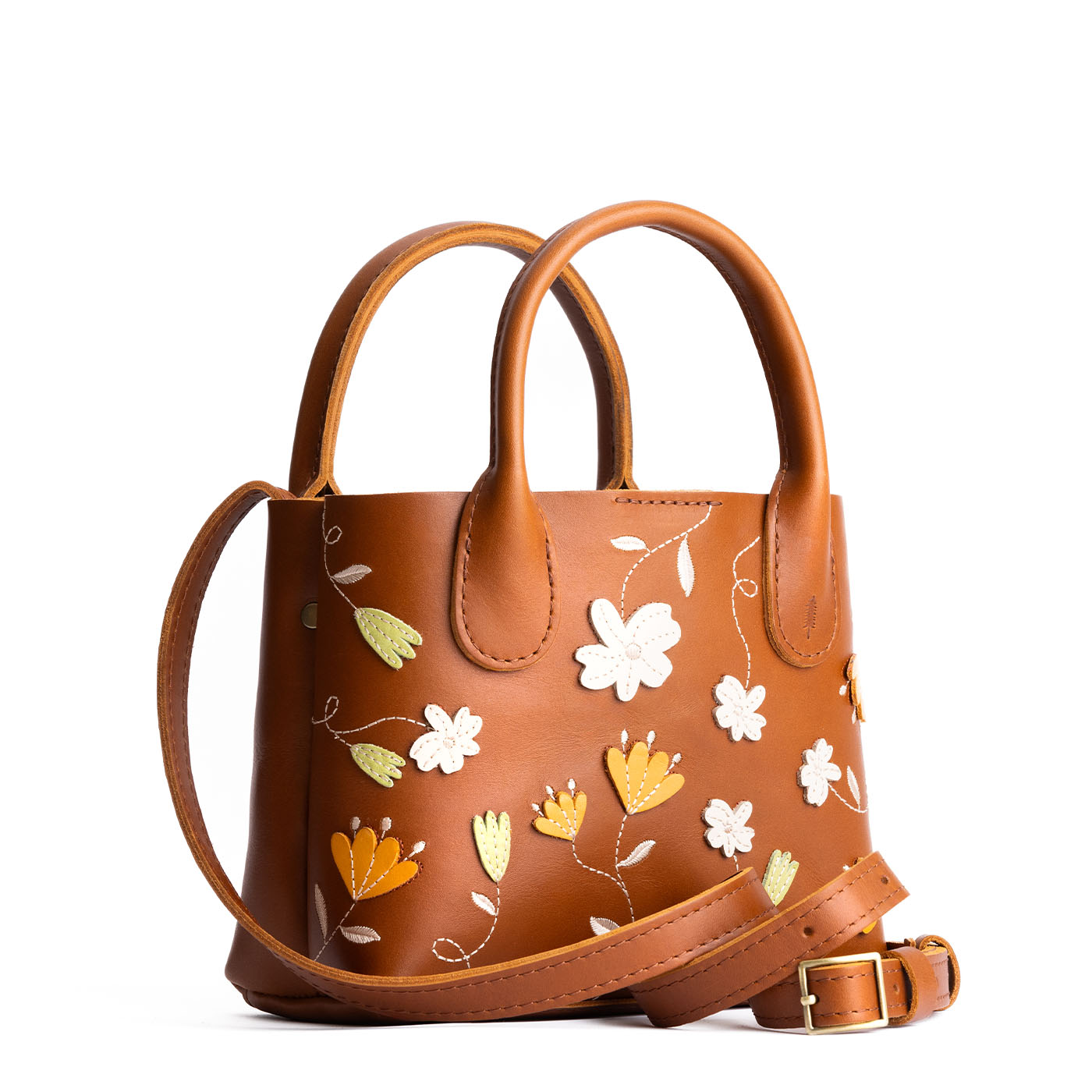 Folklore Honey*Small | Petite tote purse with embroidered flower design, structured leather handles, and crossbody strap