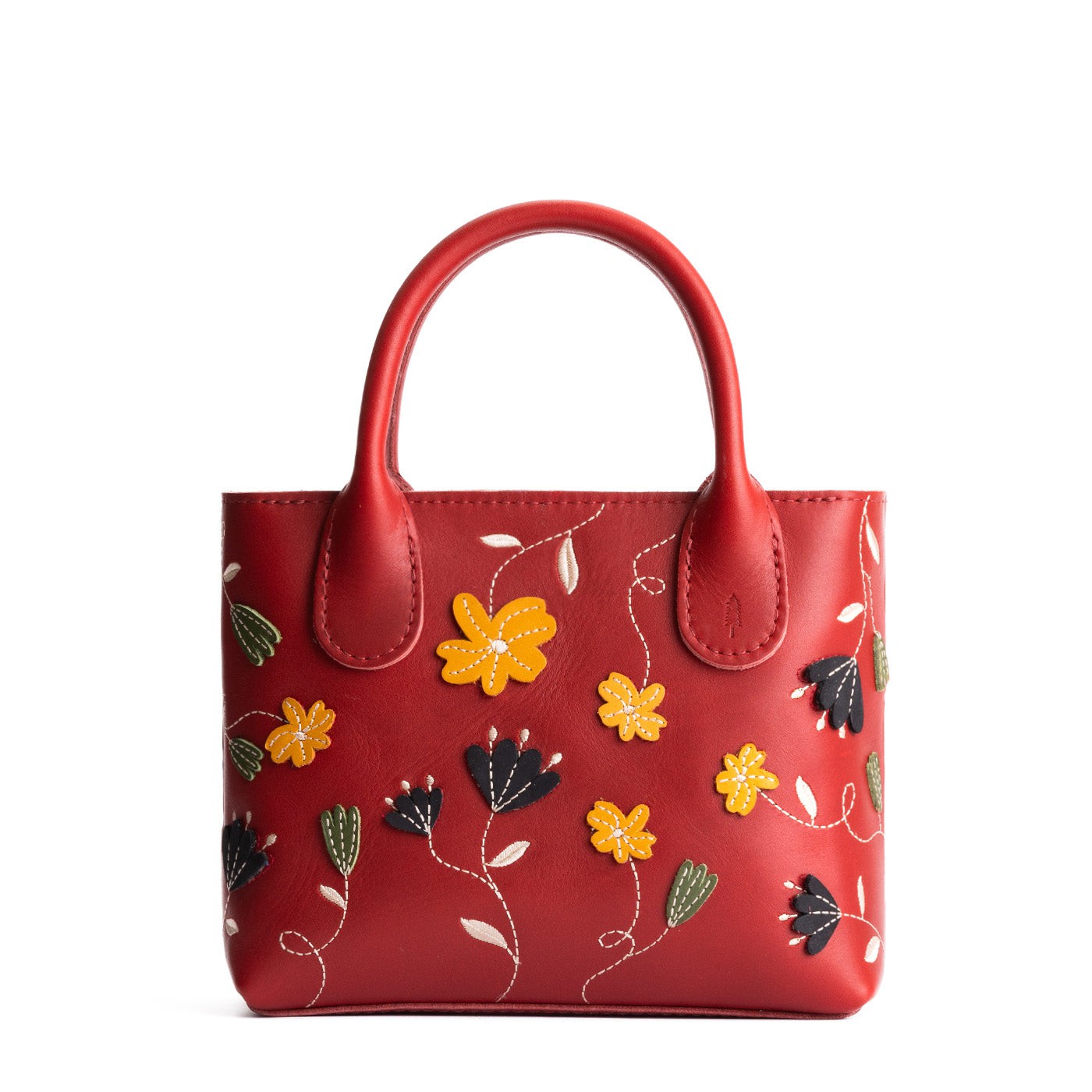 Folklore Ruby*Small | Petite tote purse with embroidered flower design, structured leather handles, and crossbody strap