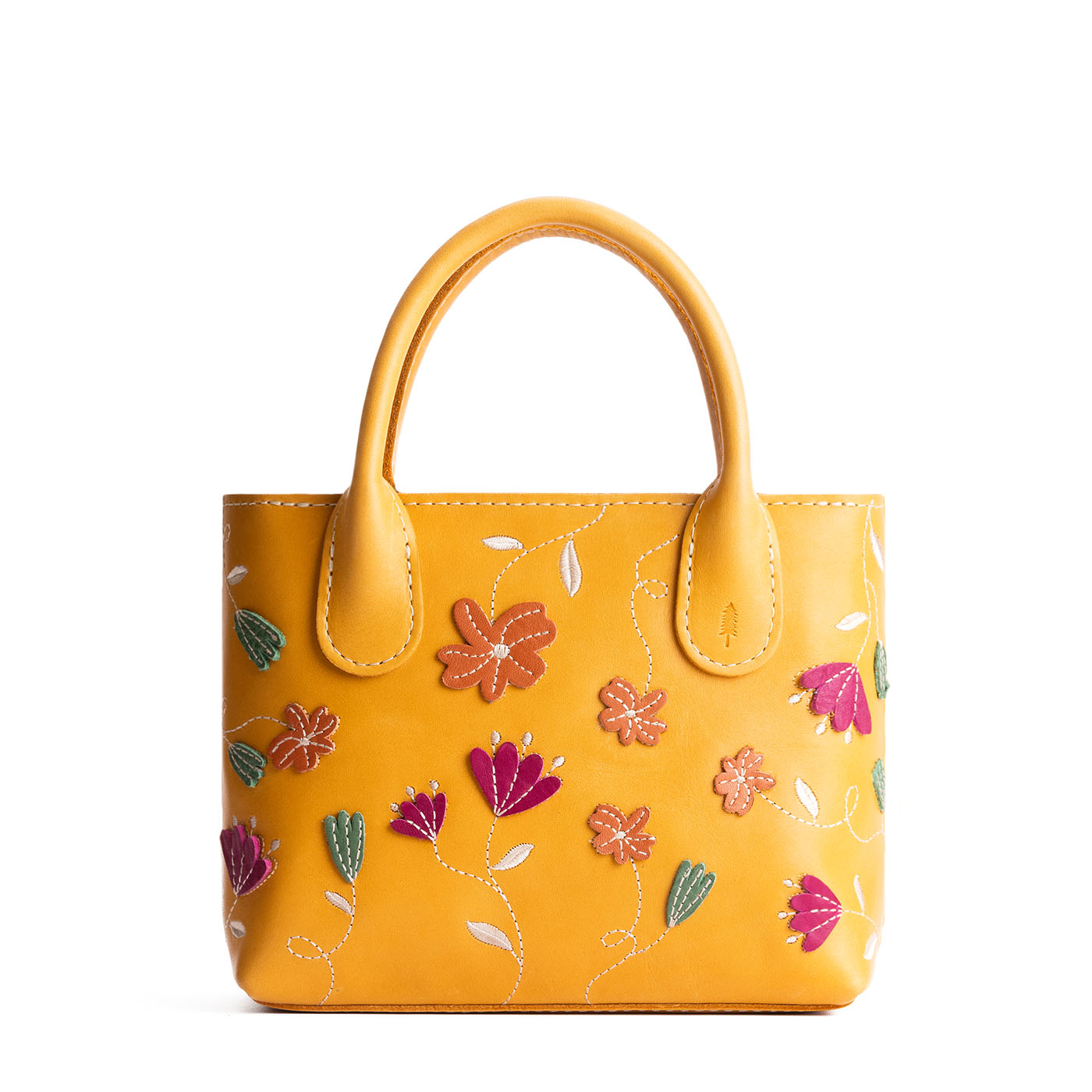 Folklore Sunflower Small | Petite tote purse with embroidered flower design, structured leather handles, and crossbody strap