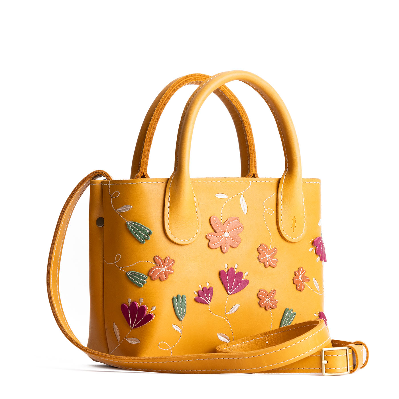 Folklore Sunflower Small | Petite tote purse with embroidered flower design, structured leather handles, and crossbody strap