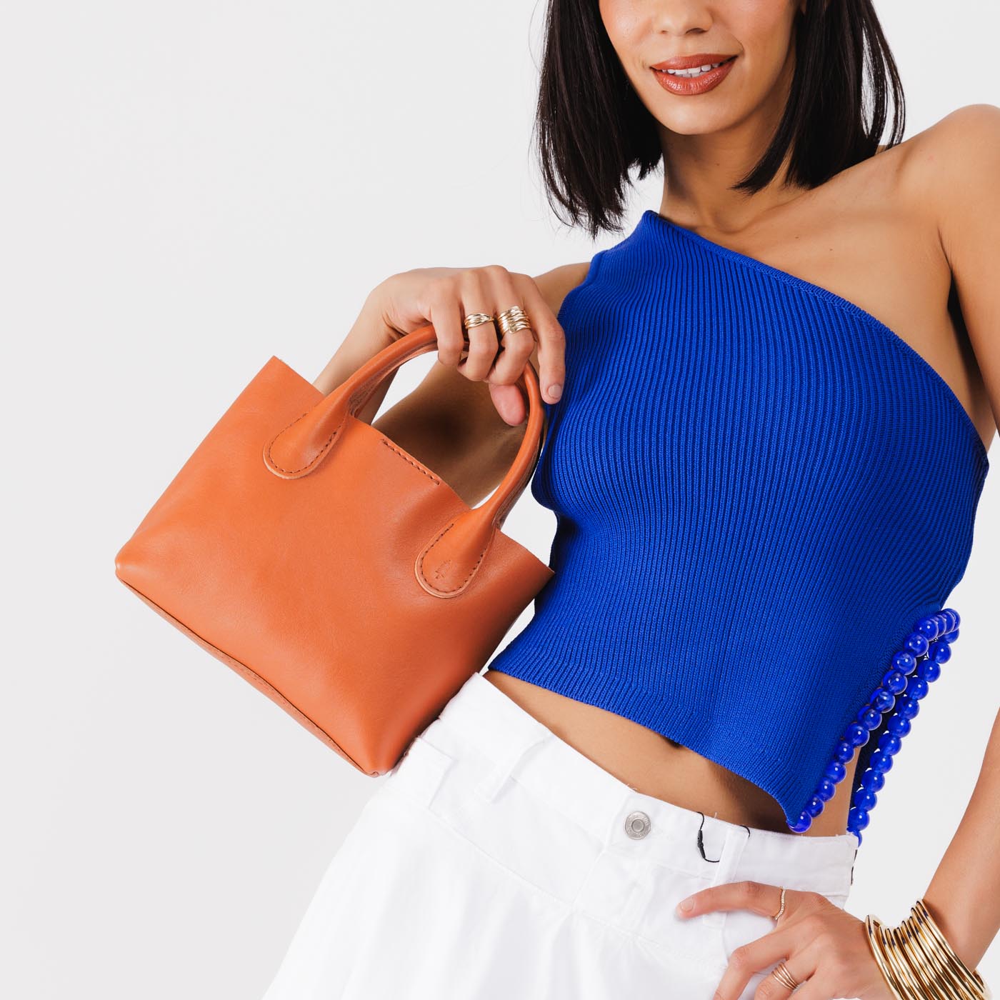 Persimmon Small | Petite tote purse with structured leather handles and crossbody strap