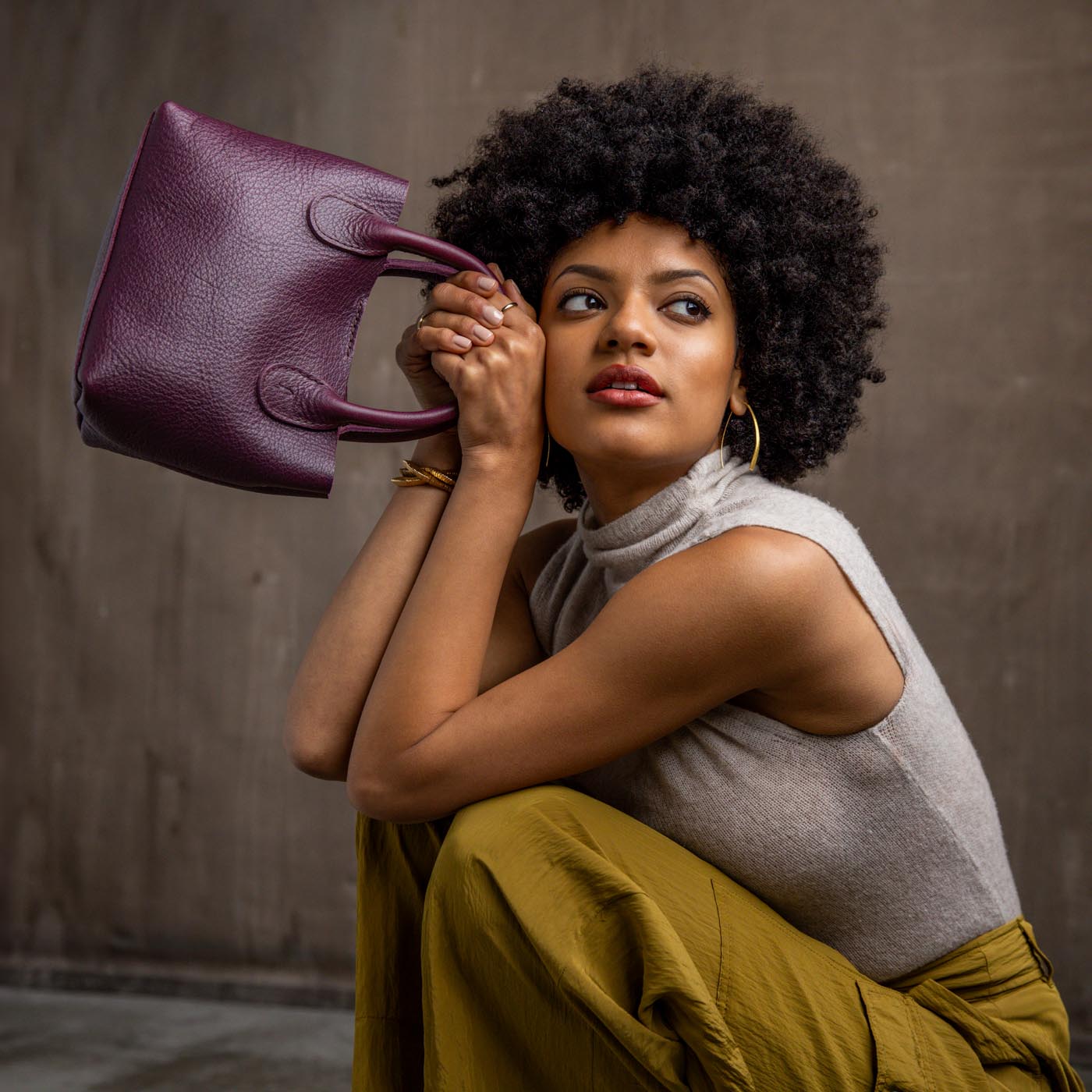 Plum Small | Petite tote purse with structured leather handles and crossbody strap