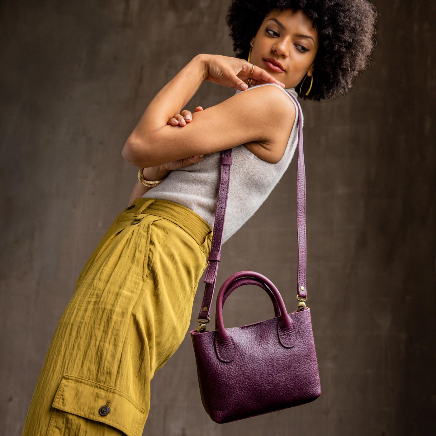 Plum Small | Petite tote purse with structured leather handles and crossbody strap