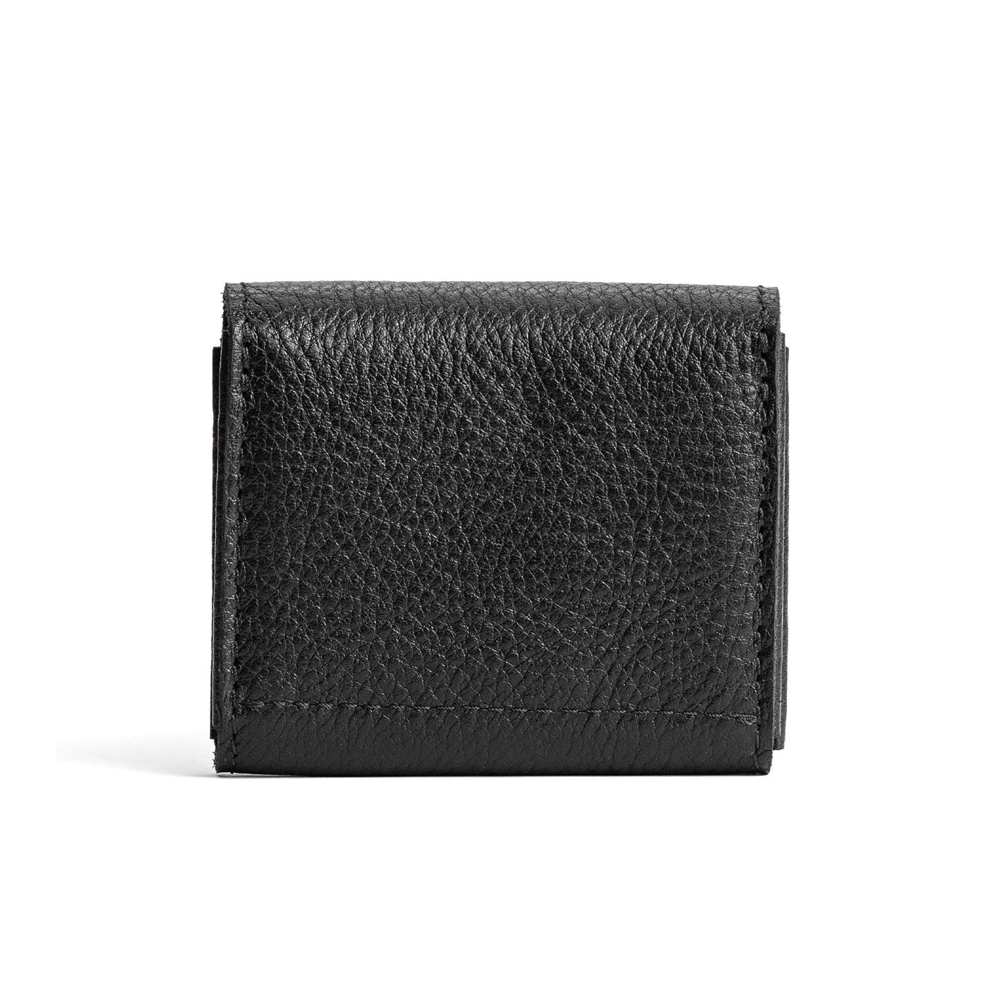 Pebbled--black | Backside of compact leather wallet with snap closure 