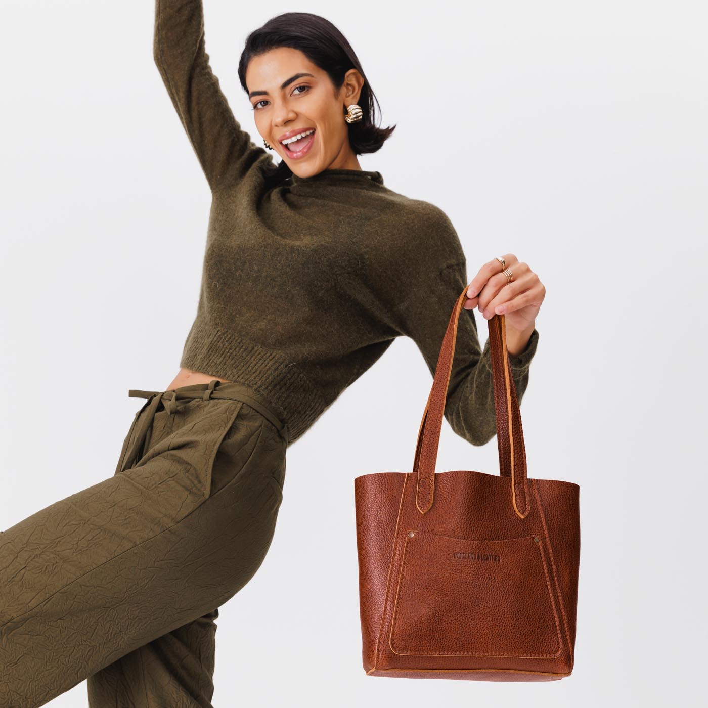 Nutmeg*Small | Slim tote bag with dual shoulder straps and interior and exterior pockets