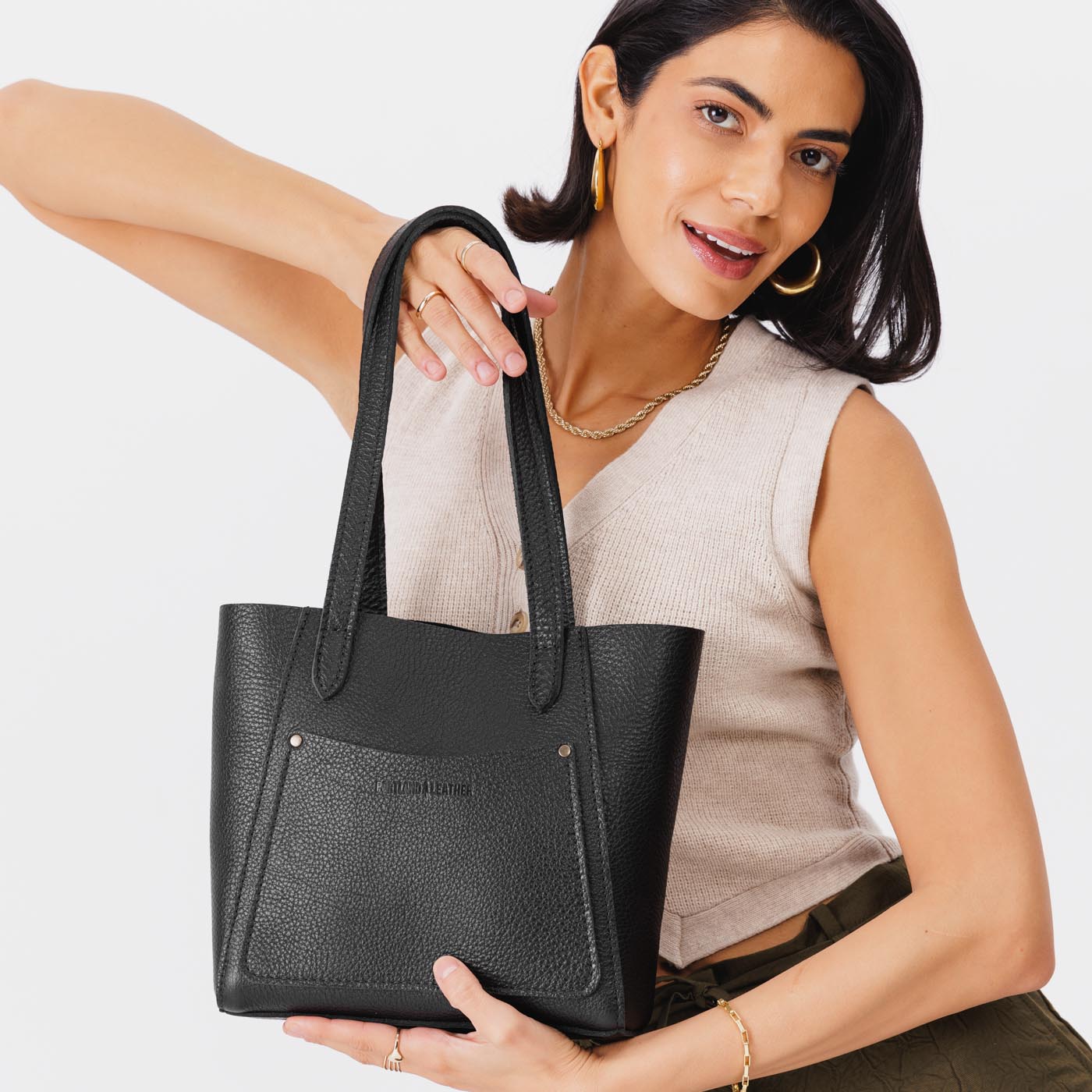 Pebbled--black Small | Slim tote bag with dual shoulder straps and interior and exterior pockets