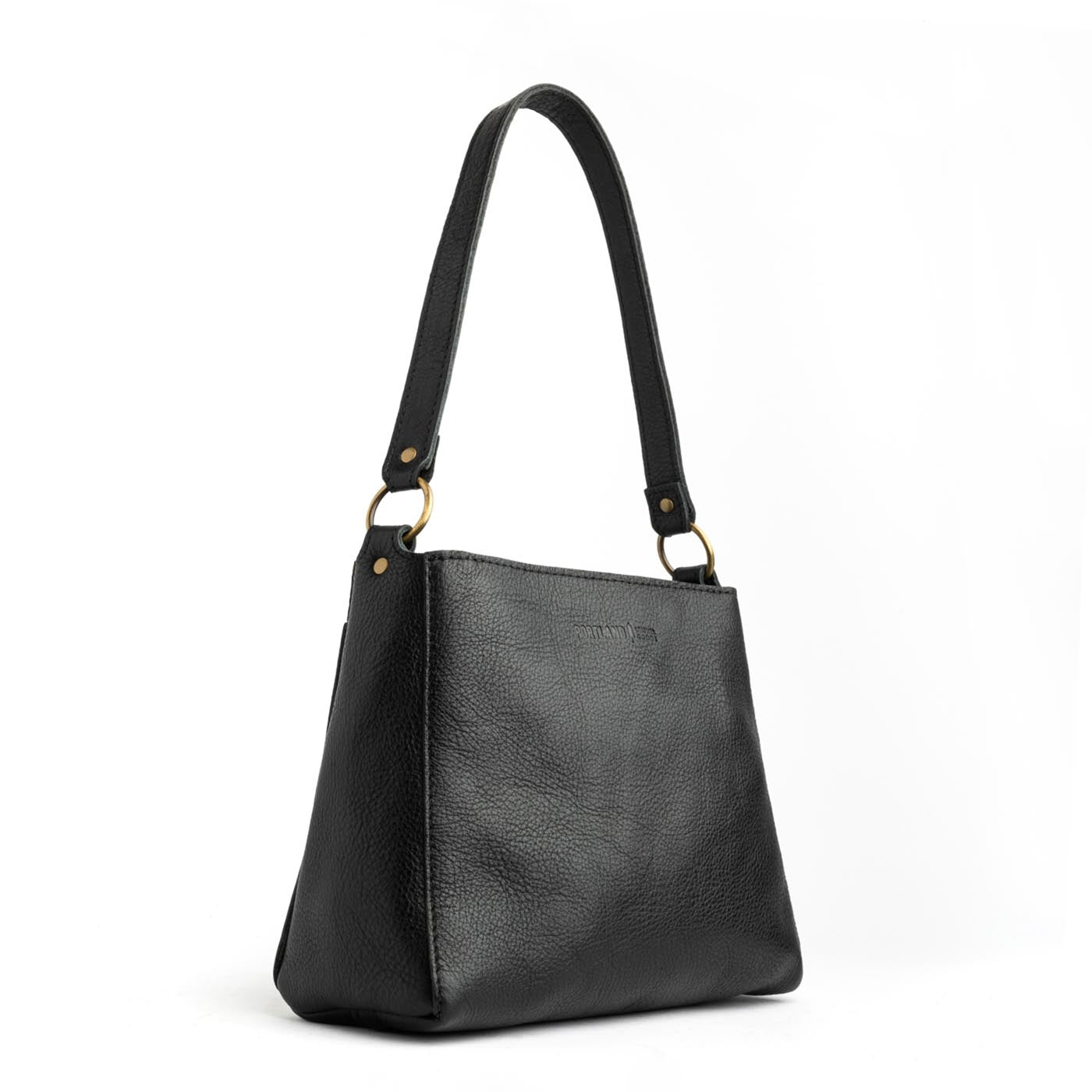 Pebbled--black | Triangular shoulder bag with antiqued brass finished hardware