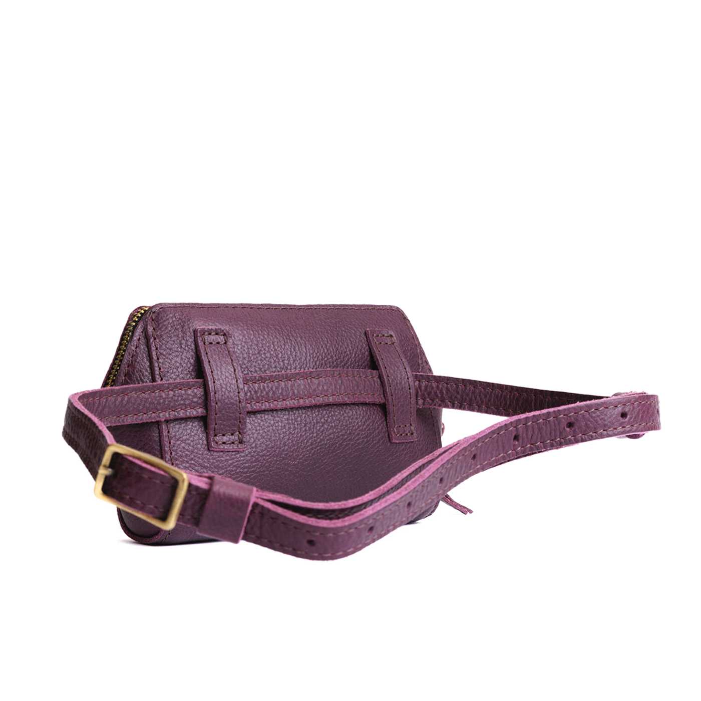  Plum | Back of petite bag with top zipper closure and adjustable belt strap