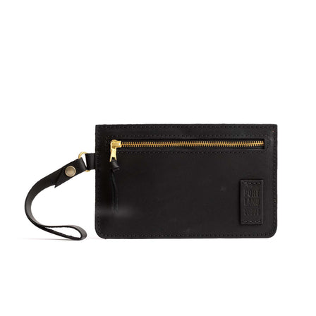 Black | Flat leather pouch with zipper and wristlet