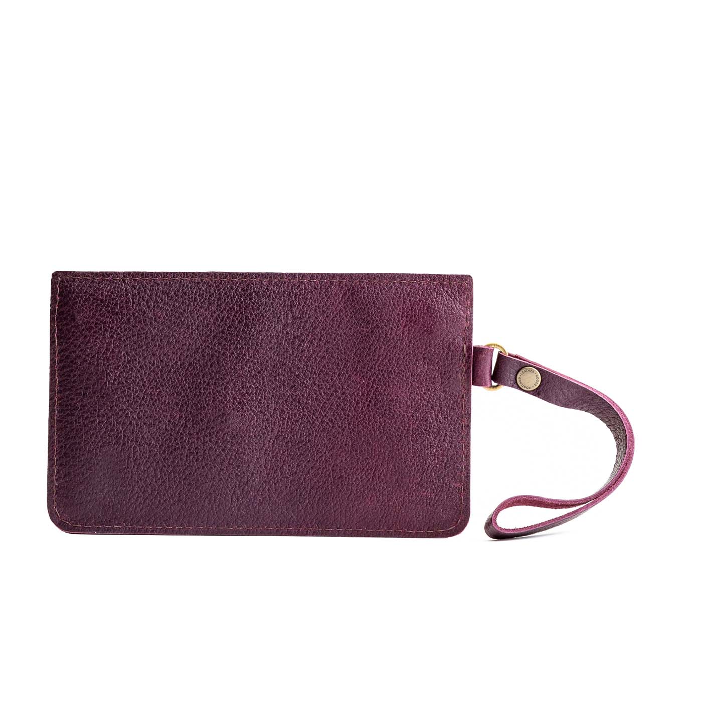 Plum | Flat leather pouch with zipper and wristlet backside