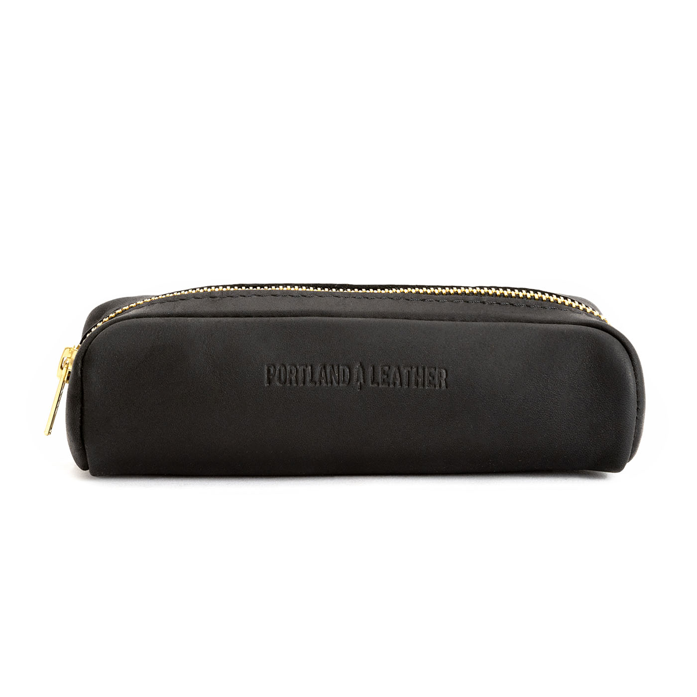 All Color: Black | Leather pouch with a curved top and zipper