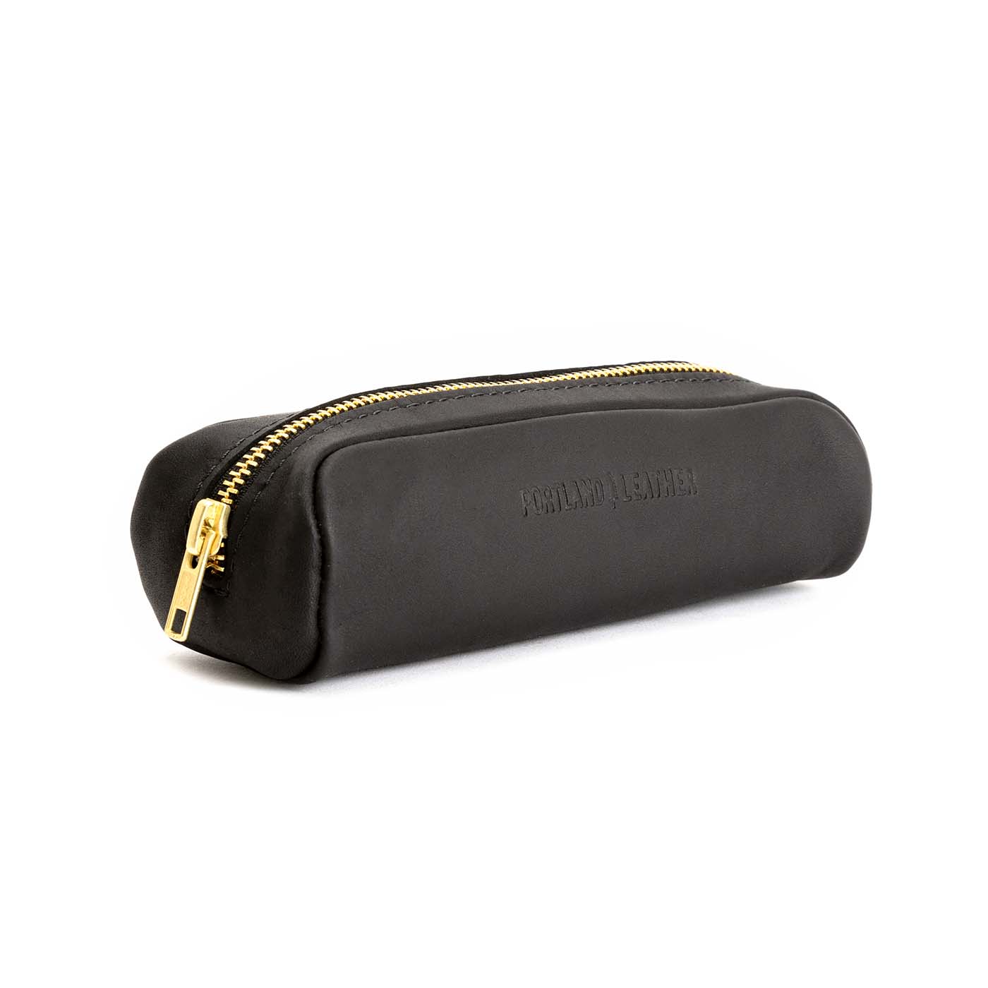 All Color: Black | Leather pouch with a curved top and zipper