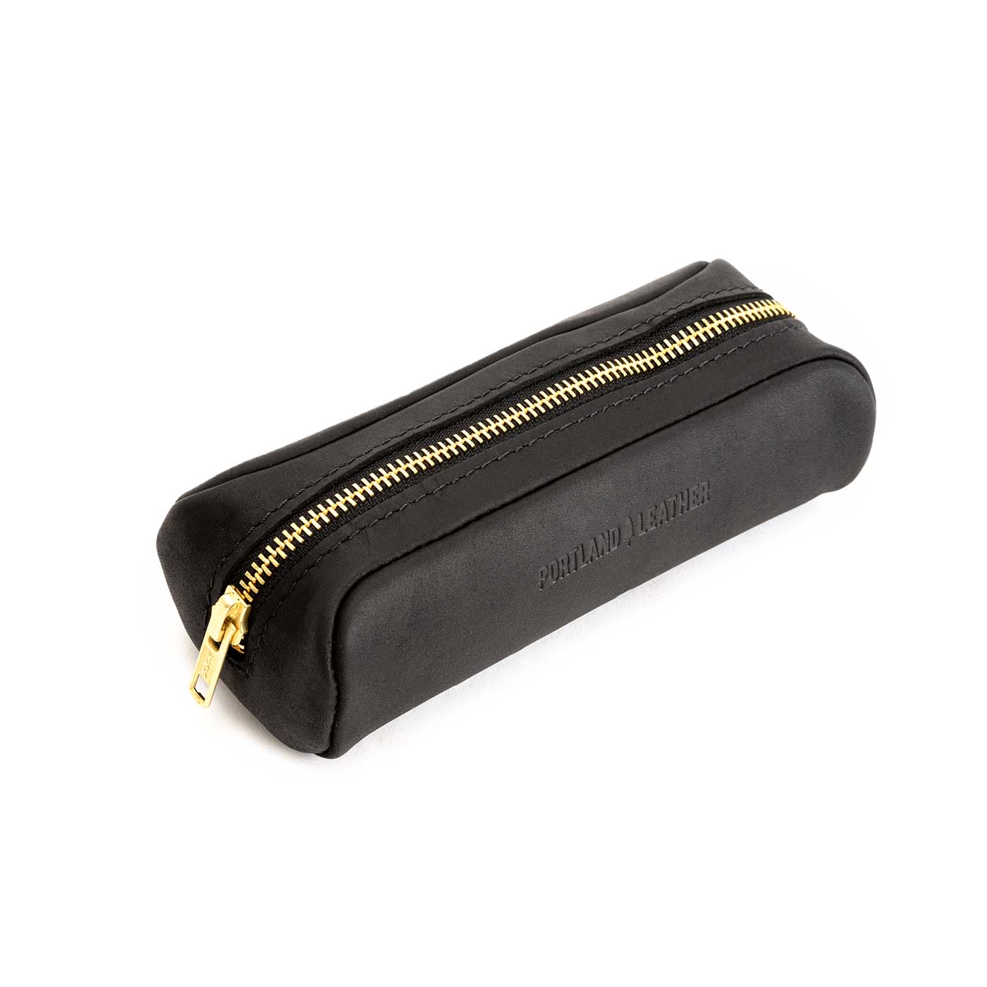 All Color: Black | Leather pouch with a curved top and zipper