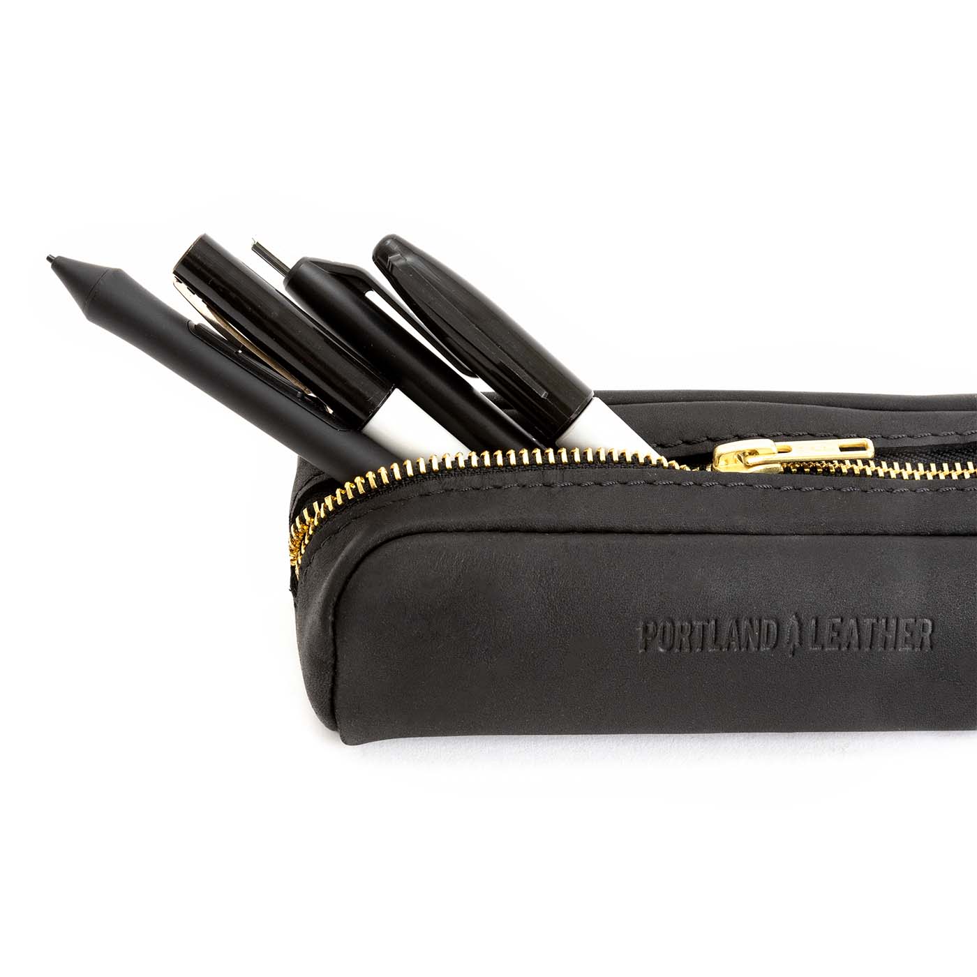 All Color: Black | Leather pouch with a curved top and zipper