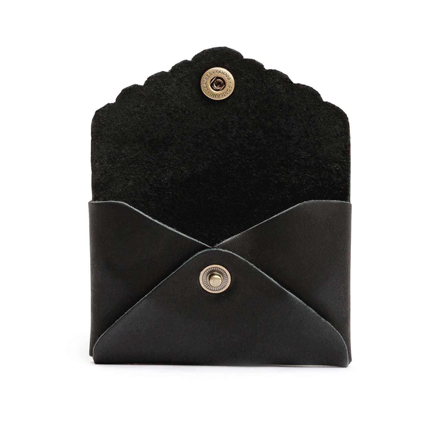 Black | Small leather wallet with scalloped edge open