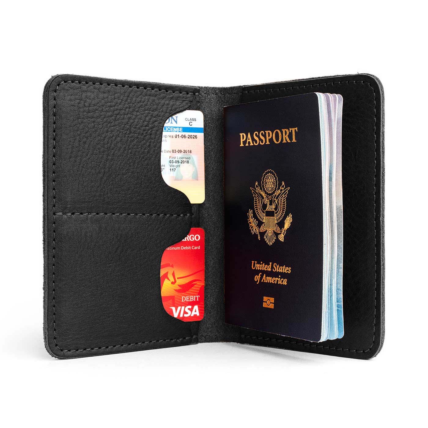 Pebbled--black | Leather passport case with PLG logo open shot