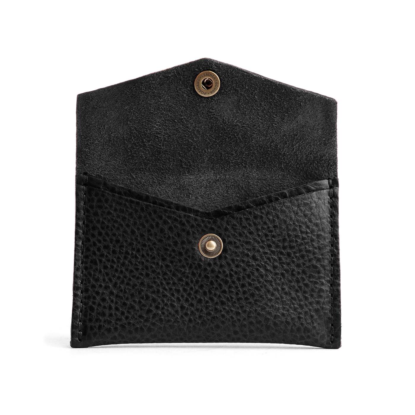 Pebbled--black | Small leather card wallet with snap closure open