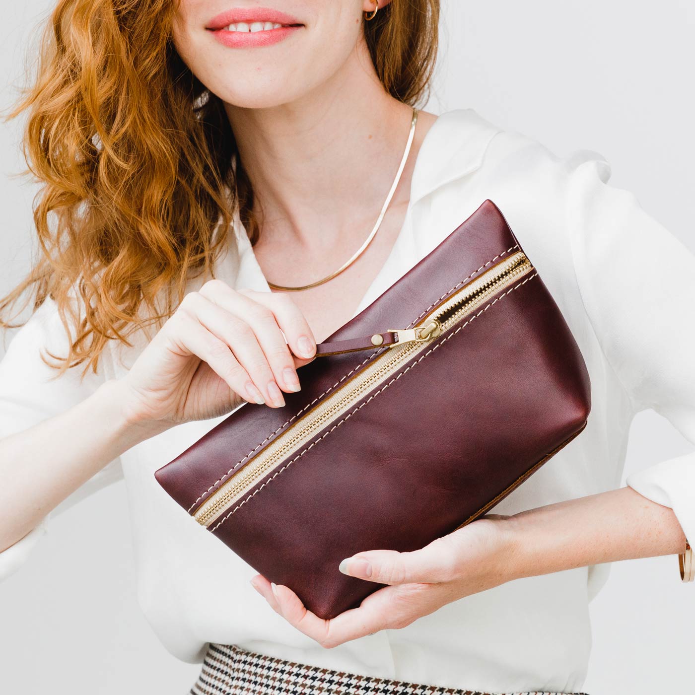 All Color: Cognac | Large leather makeup bag with zipper