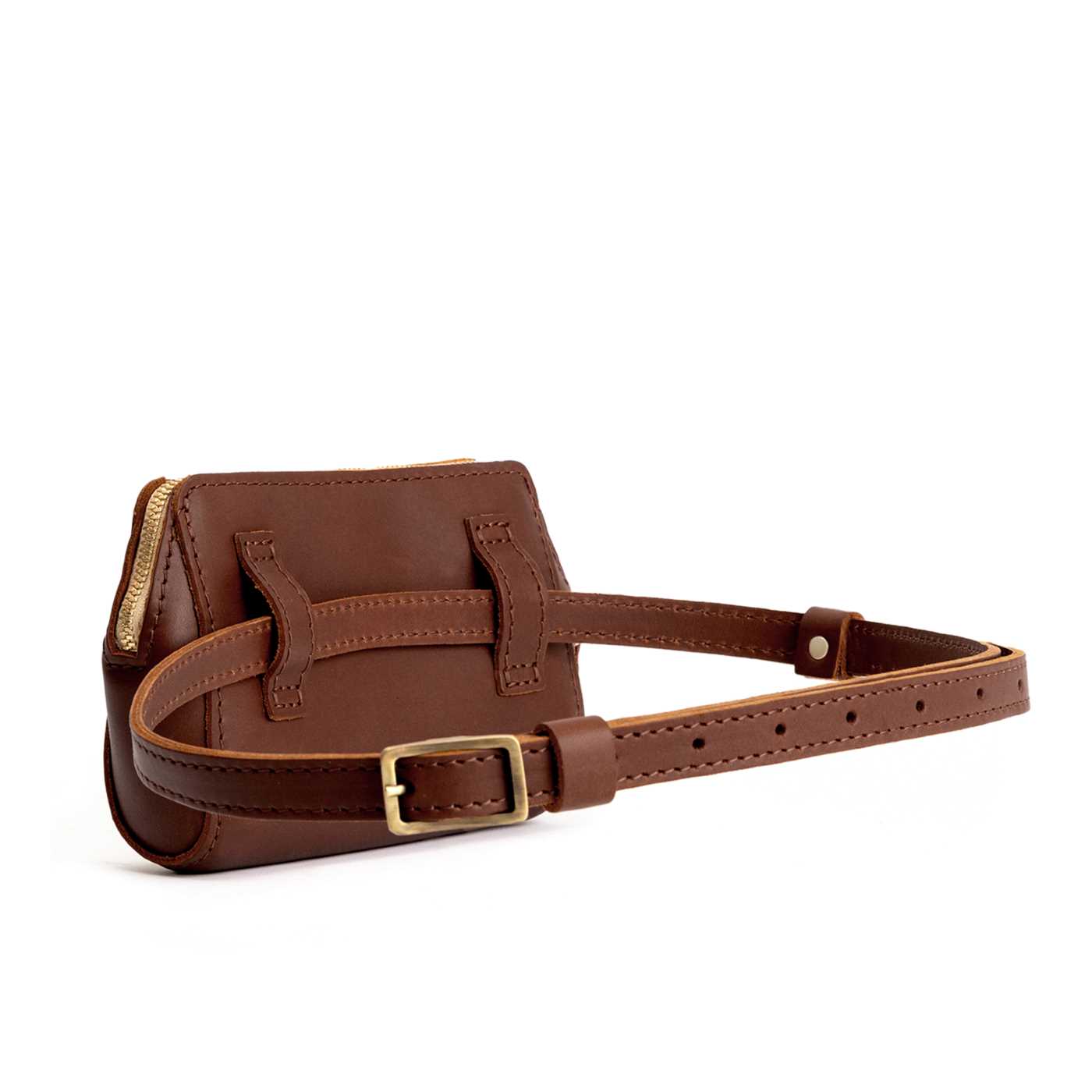  Cognac | Back of petite bag with top zipper closure and adjustable belt strap