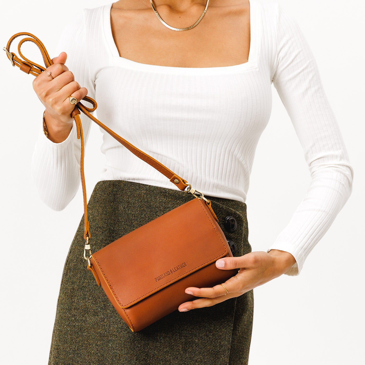 Honey*Mini | Model Wearing Small Leather Crossbody Bag with Magnetic Messenger Bag Closure