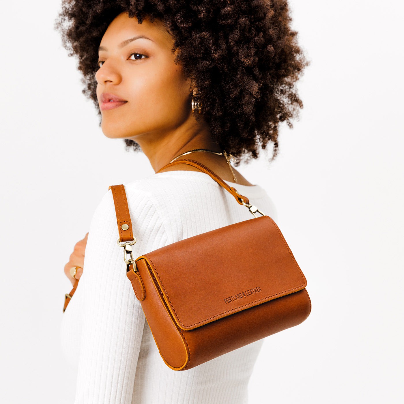 Honey Mini | Model Wearing Small Leather Crossbody Bag with Magnetic Messenger Bag Closure