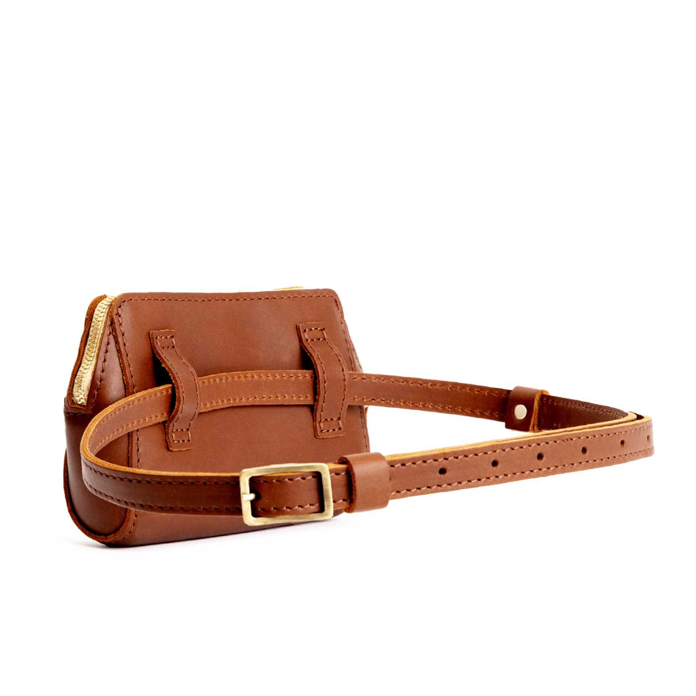  Honey | Back of petite bag with top zipper closure and adjustable belt strap