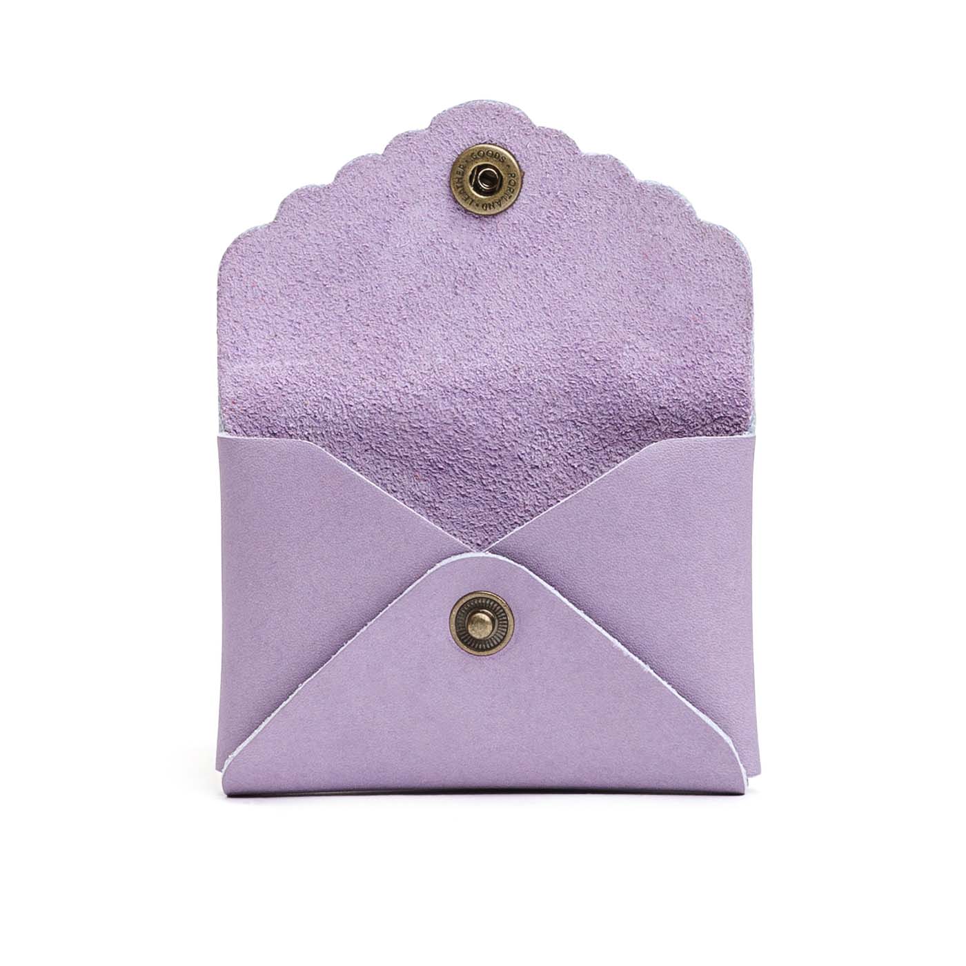 Lavender | Small leather wallet with scalloped edge open