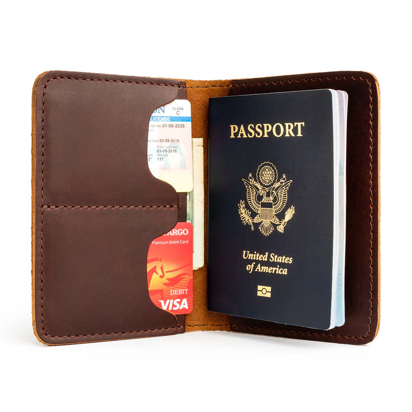 Cognac | Leather passport case with PLG logo open shot