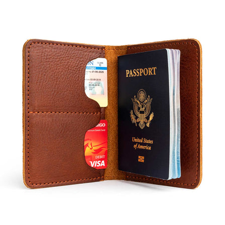 Nutmeg | Leather passport case with PLG logo open shot