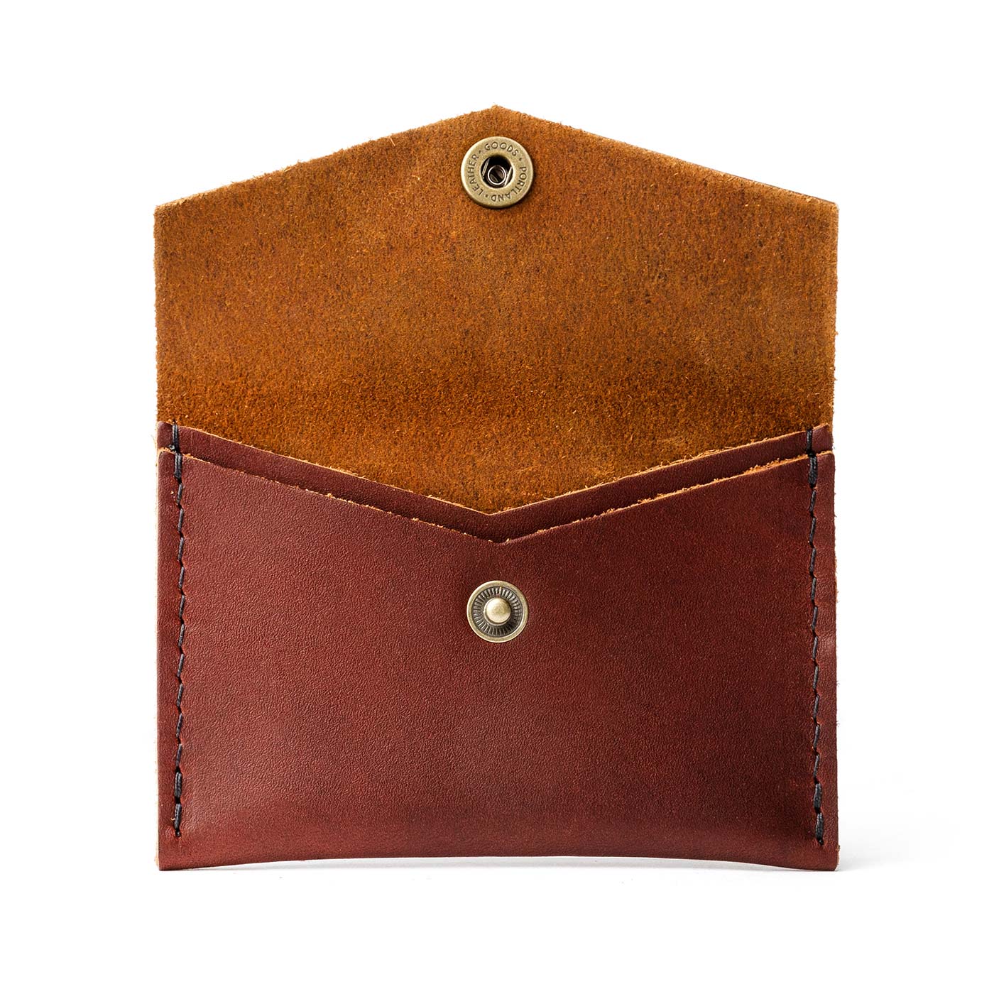 Cognac | Small leather card wallet with snap closure open