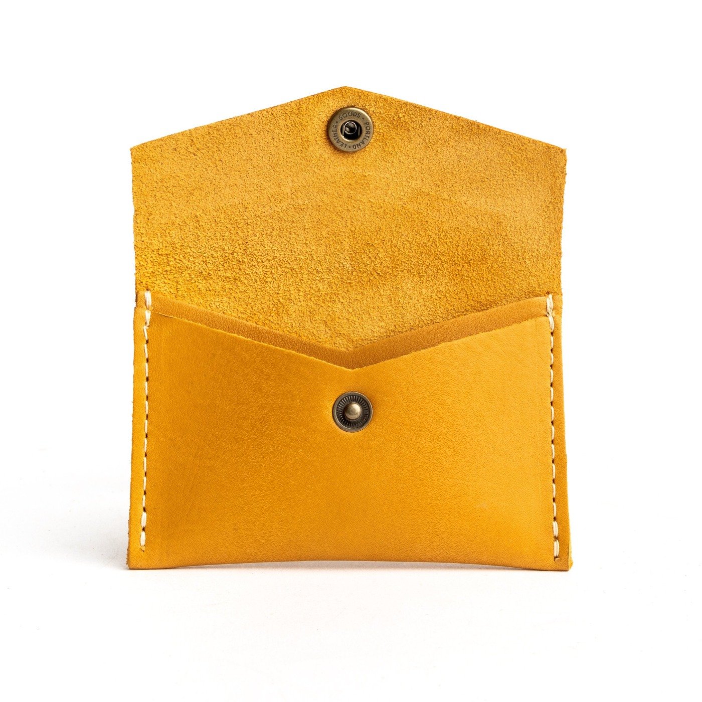 Sunflower | Small leather card wallet with snap closure open