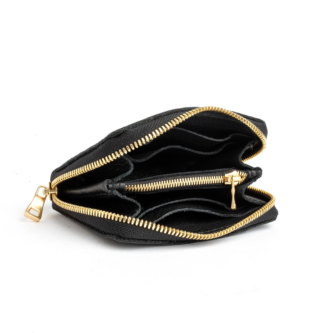 Pebbled--black | Small leather wallet with zipper open